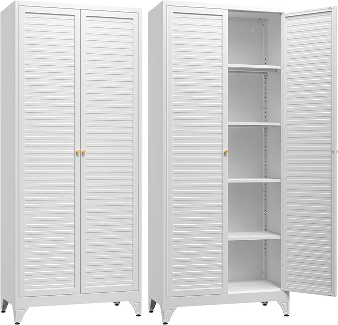 Kitchen Pantry Cabinet,75" Metal Storage Cabinet with Doors and 4 Adjustable Shelves,White Tall Locker Organizer Steel Garage Cabinets for Tool,File Cabinet for Office,Kitchen,Garage,School
