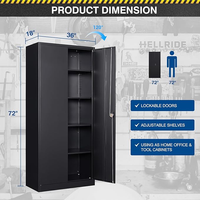 Metal Storage Cabinet-72” Black Tall Steel File Cabinets with Lockable Doors and Adjustable Shelves-Black Steel Storage Cabinet for Kitchen, Office, Garage