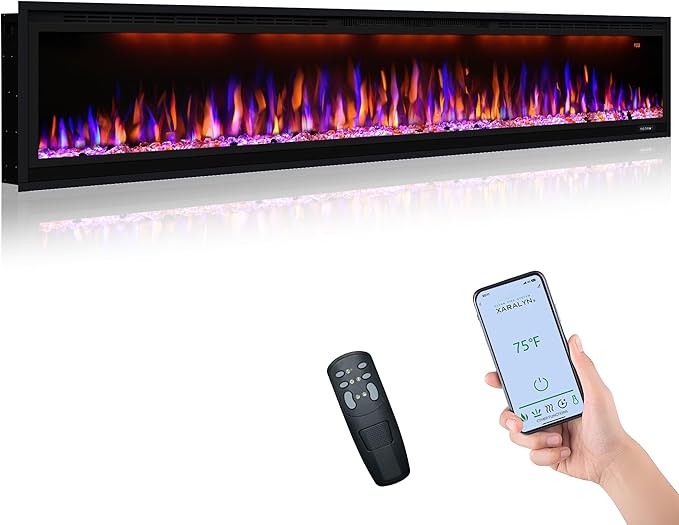 100 inch Smart Electric Fireplace, Wall Mounted Fireplace Insert for Living Room, Realistic Flame Fire w/Multicolor, Large Linear Fireplace Recessed in Wall, Black (100")