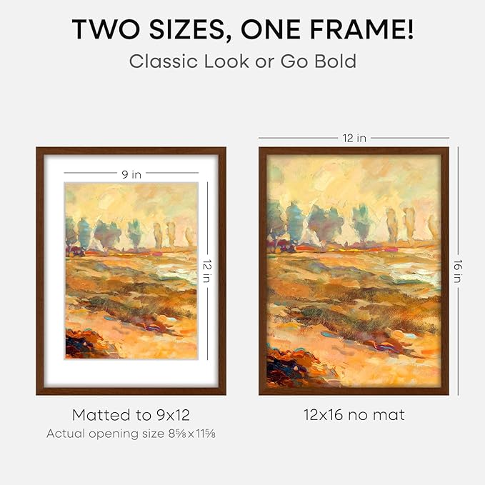 Homeforia 12x16 Picture Frame Brown, High End Dark Oak 12x16 Walnut Wood Poster Frame with Mat 9x12 Print, 12 x 16 Wooden Frame Matted to 9 x 12 Photo, 16x12 Frames, Tempered Glass, Wall Kit, Set of 2