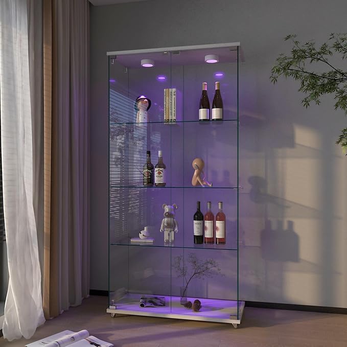 Yoluckea 4-Shelf Glass Display Cabinet with LED Lights, 2-Door Floor Standing Curio Cabinet with Universal Wheel for Home or Office, White Glass Bookshelf for Collections, Decor, and Corner Display