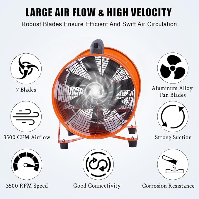 12 in Utility Blower Exhaust Fan with 16.4 ft Duct, 3500 r/min & 3500 CFM Heavy Duty Blower Fan, High Velocity Low Noise Extraction and Ventilation Fan for Ventilating Workshops, Confined Space
