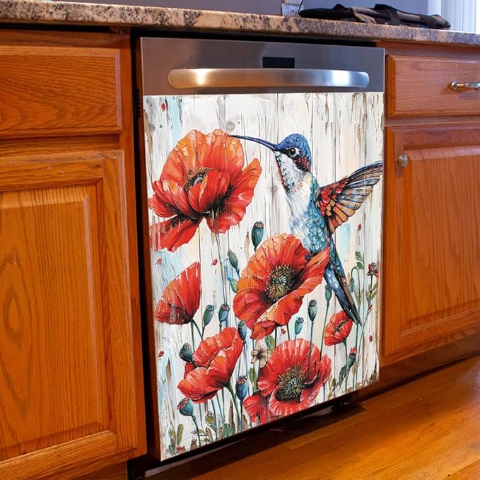 Beautiful Red Poppy Flowers Kitchen Decor Dishwasher Sticker Art Magnet Cover for Door Panels, Hummingbird Rustic Wood Grain Refrigerator Fridge Magnetic Decals for Home Appliance,23x26 in