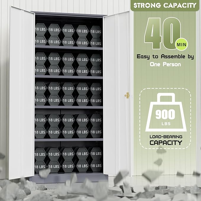 Oakmont Metal Storage Cabinet for Tool Organization, 72" Lockable Garage Storage Cabinets with 2 Doors and 4 Adjustable Shelves, Locking File Cabinet for Office, Home, School (72“ Standard-GreyWhite)