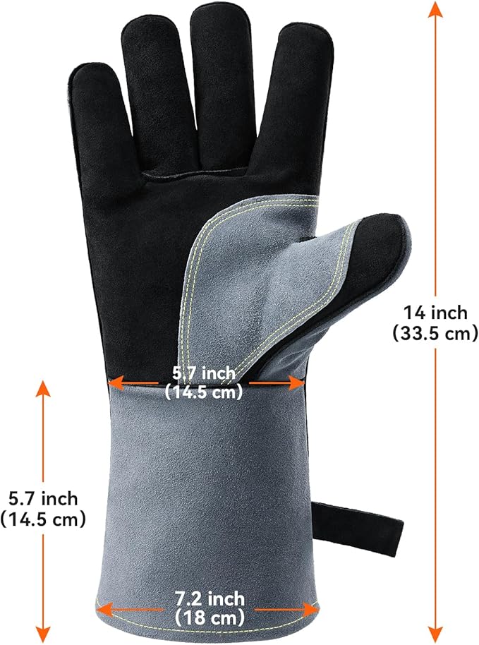 OZERO 932°F Heat Resistant Mig/Stick Welding Gloves 14 inches Cowhide Leather - Long Sleeve and Insulated Lining Barbecue Glove for Tig Welder/Grilling/Oven/Stove Black-gray