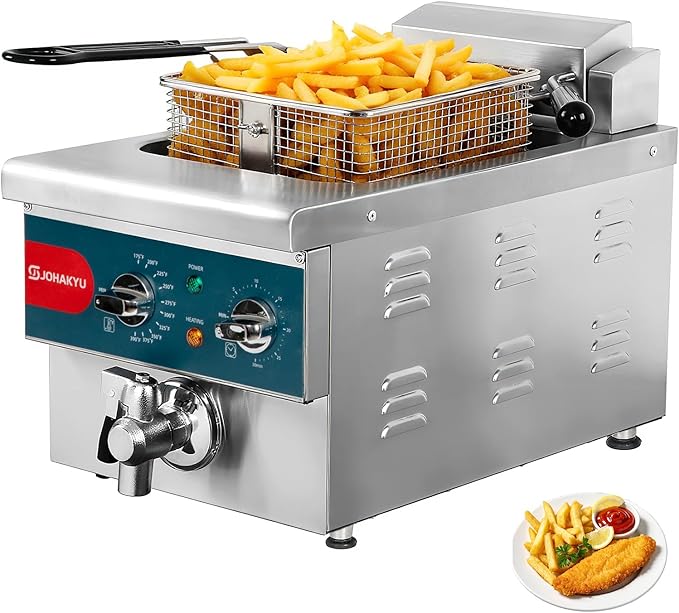 JOHAKYU 13Lbs/6L Electric Commercial Deep Fryer with Basket, Timer & Drain - Swung Up Fryer Head, 120V 1800W Stainless Steel Countertop for Home & Restaurant Use