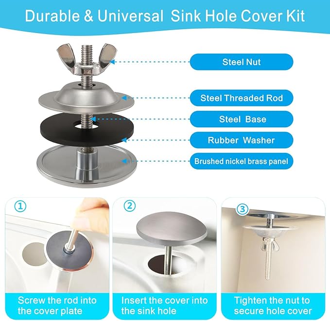 2 Inch Kitchen Sink Hole Cover, Solid Brass Faucet Hole Cover, Brushed Nickel Finish Tap Hole Plate Stopper Cover, Countertop Hole Cover for Kitchen and Bathroom Sinks (Brushed Nickel)