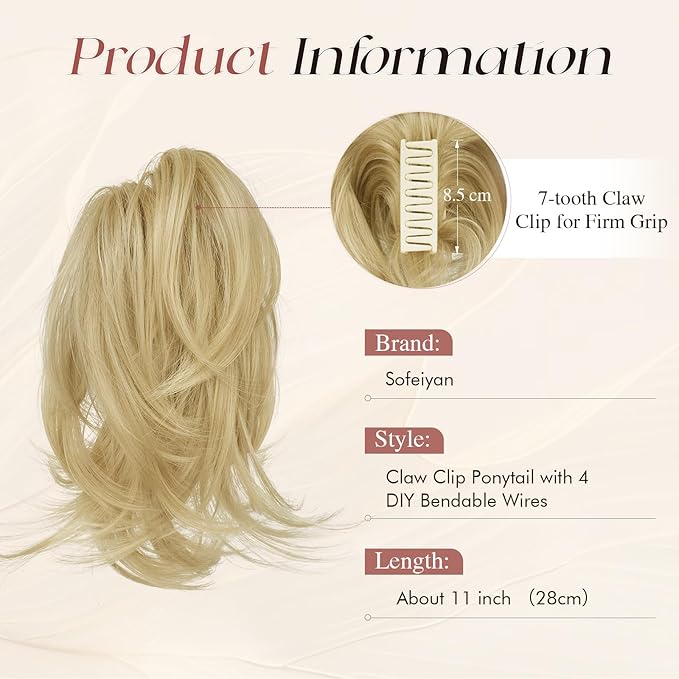 Sofeiyan Claw Clip Short Ponytail Extension DIY Bendable Wires Hair Bun Fluffy Fake Hair Piece Straight Synthetic Hair Ponytail Extensions for Wonen - Ash Blonde