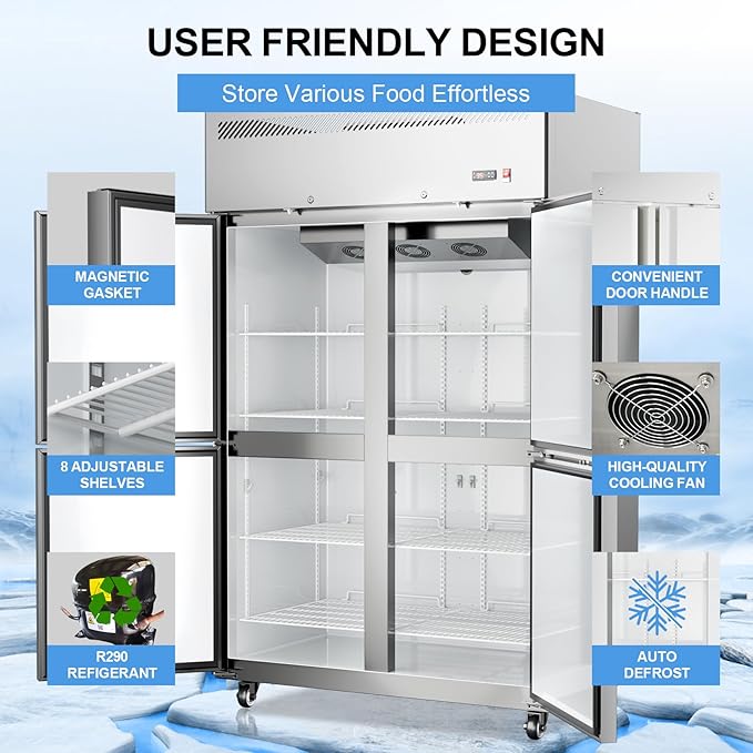 Commercial Refrigerator 48"W 4 Door Stainless Steel Reach-in Solid Door Upright Fridge Fan Cooling 36 Cu.ft Refrigerators 32-47°F for Restaurant, Bar, Shop