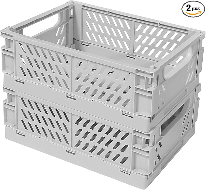 Pastel Plastic Storage Baskets 2 Pack, Collapsible Crates for Organizing, Space-Saving Bins for Kitchen, Office, Bedroom (Grey, Medium:9.8" x 6.5" x 3.8")