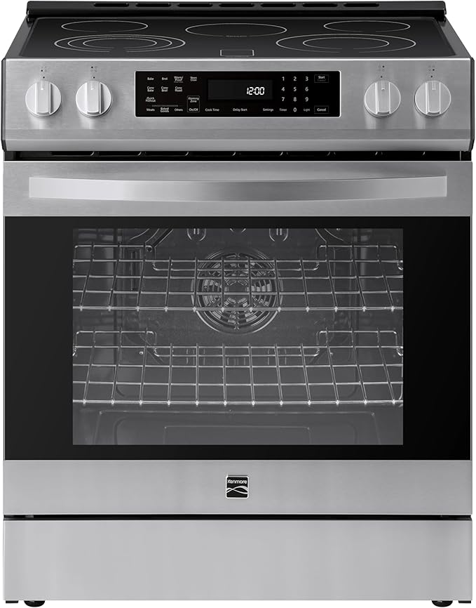 Kenmore 2296833 5.6 cu. ft. Front Control Electric Range Oven - True Convection with 5 Elements, Steam Clean Oven, Broil Function, Chrome Racks, Precision Set Controls, Large Window - Stainless Steel
