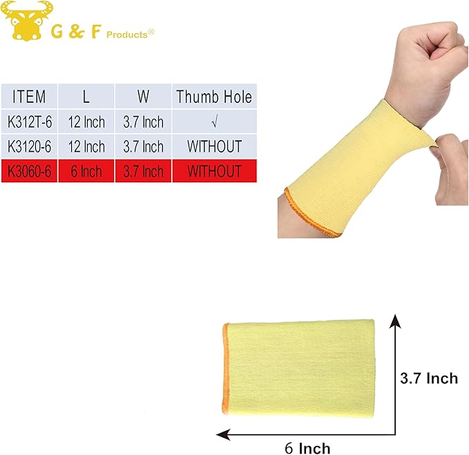 G & F PRODUCTS 100% Kevlar fiber by DuPont Cut Resistant Knit Sleeve, Sold by 6-piece pack