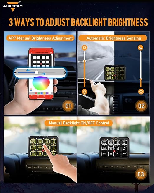 Auxbeam 12 Gang Switch Panel Bluetooth RGB AC-1200 with APP&Remote Control Toggle Momentary Pulsed Switch Pod Off Backlight for Truck Offroad 12-24V Waterproof 2 Years Warranty (Patent Registering)
