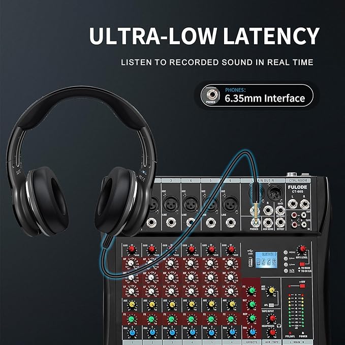 6 Channel Mixer Audio Console, CT-60S Professional Music Mixer DJ Mixing Board with Reverb Bluetooth MP3 Player 48V Phantom Power Supply USB Recording for Studio Karaoke Live Performance