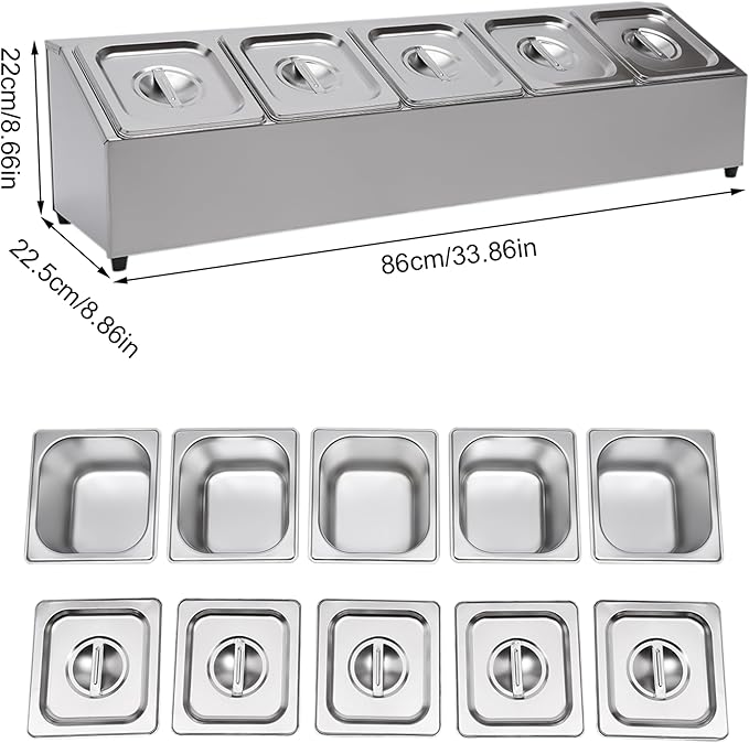 Pizza Toppings Station Storage Condiment Organizer Divider Food Container with 5 Pans & Lids, Stainless Steel Kitchen Condiment Divider Pizza Prep Ingredients Holder, Grill Table Serving Tray