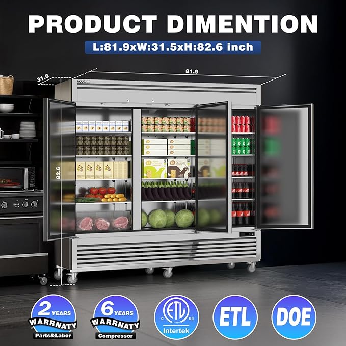 Coolski Commercial Freezer 82" W, 72 Cu.ft Stainless Steel Reach In Upright Freezer 3 Door, Auto-Defrost, 12 Adjustable Shelves, -13 to -5℉ Temp Control, LED Light, 5 Wheels