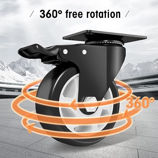 4" Caster Wheels, Casters Set of 4 Heavy Duty - ASRINIEY Black Polyurethane Castors, Top Plate Swivel Wheels, 4-Pack Industrial Casters with Brake, Locking Caster for Furniture and Workbench