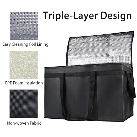 Bodaon 1PK Thermal Insulated Food Delivery Bag with Hard Bottom - 3X-Large Catering Cooler Bag for Hot and Cold Meals - Ideal for Commercial Pizza Transport, Grocery, Restaurants, and Events. Black