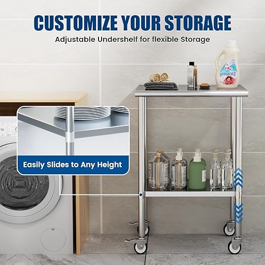 Stainless Steel Work Table with Wheels, 24x24 Inch NSF Kitchen Prep Table with Adjustable Undershelf for Commercial Restaurant, Garage, Outdoor BBQ