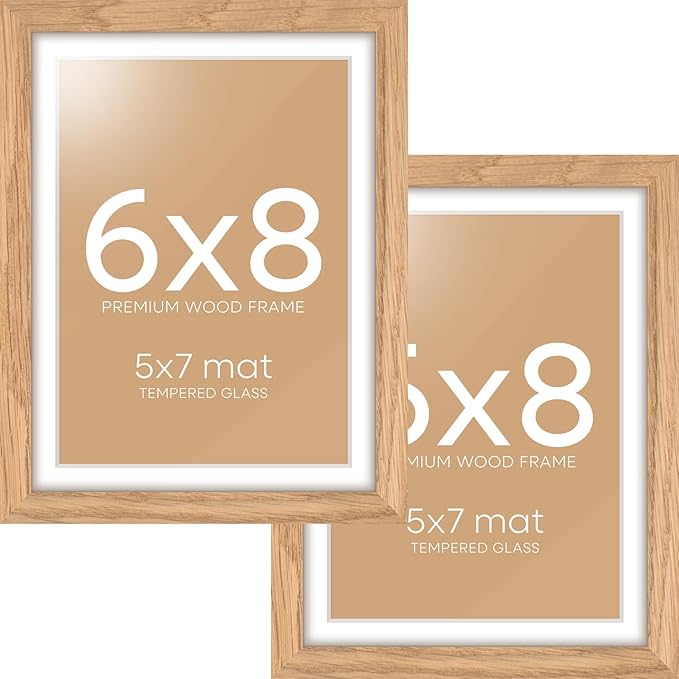 Homeforia 6x8 Picture Frame Natural Wood, High End Oak 6x8 Light Wooden Frames with Mat 5x7 for Photo, 6 x 8 Frame Matted to 5 x 7 Print, 8x6 Wall or Tabletop Frame, Tempered Glass, Wall Kit, Set of 2