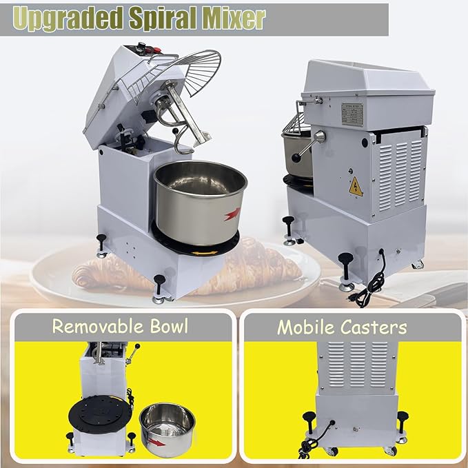 INTSUPERMAI Commercial Dough Mixer Machine Electric Food Mixer with Removable Bowl Double Action Spiral Mixer for Schools Bakeries Restaurants Pizzerias 110V 20 L / 20 QT Capacity