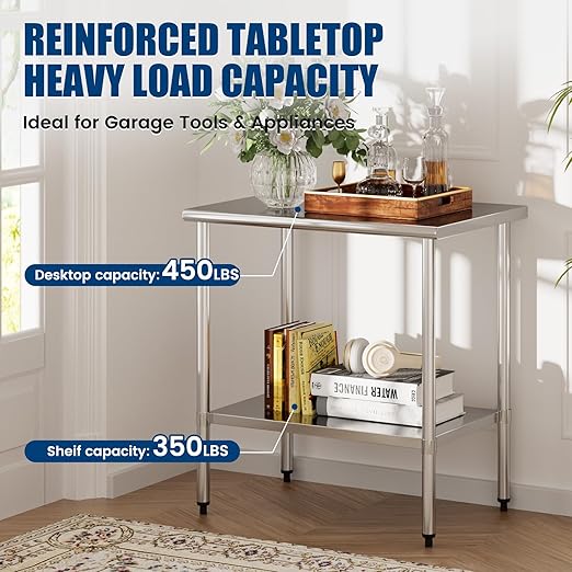 Stainless Steel Work Table 24 x 36 Inch with Adjustable Undershelf, Heavy-Duty Metal Prep Table for Commercial Kitchen & Restaurant, Garage, Outdoor