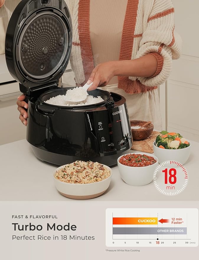 CUCKOO High Pressure Rice Cooker 10-Cup Uncooked / 20-Cup Cooked with Nonstick Inner Pot, Large Rice Maker with 13 Menu Options and Steam Plate, Fuzzy Logic Tech, Auto Clean, Black (CRP-PK1001S)