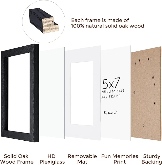 Fun Memories 5x7 Picture Frame in Black, Solid Oak Wood 5 x 7 Photo Frames for Wall & Tabletop Display, 5x7 Frame with Mat for 4x6, Rustic Wood Picture Frames with Plexiglass, 1 Pack