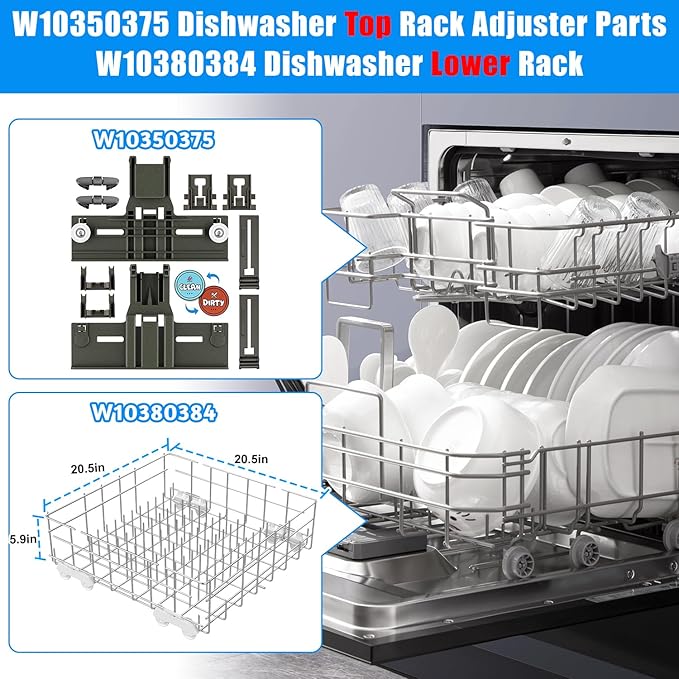 Upgrade W10311986/W10380384 Dishwasher Lower Dishrack Designed for Whirlpool Dishwasher Rack Parts WDT750SAHZ0 WDTA50SAHZ0 WDT970SAHZ0 WDT780SAEM with WP3376961 Wheels Dishwasher Bottom Rack