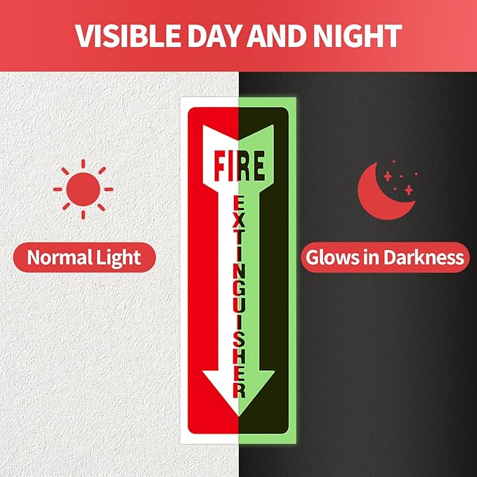 4 PCS Fire Extinguisher Signs,Glow in The Dark fire Extinguisher Sticker, 4"x12" Photoluminescent PVC Vinyl, High Adhesion UV Waterproof Label for Indoor Outdoor, Office, School, Hospital Use