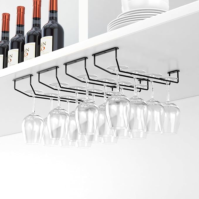 14-Inch Under Cabinet Wine Glass Holder - Metal Stemware Rack, Single Rail Hanging Rack for Kitchen Bar - Set of 3