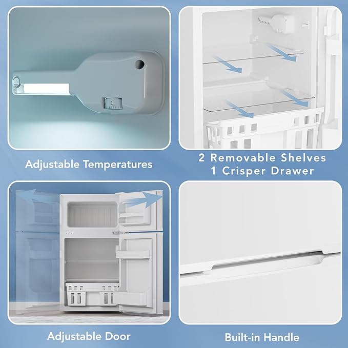 3.1 Cu.Ft Small Fridge with Freezer, Compact Refrigerator with 2 Doors, Mini Fridge with Adjustable Removable Glass Shelves for Bedroom, Dorm, Office or Apartment,White