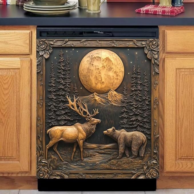 Elk Bear Moon Forest Scene Magnetic Dishwasher Cover Vinyl Sticker, Bronze Black Dishwasher Magnet Cover, Rustic Fridge Barn Door Cover Magnets Art Skin Panel Decal for Home Decor, 23"X26"