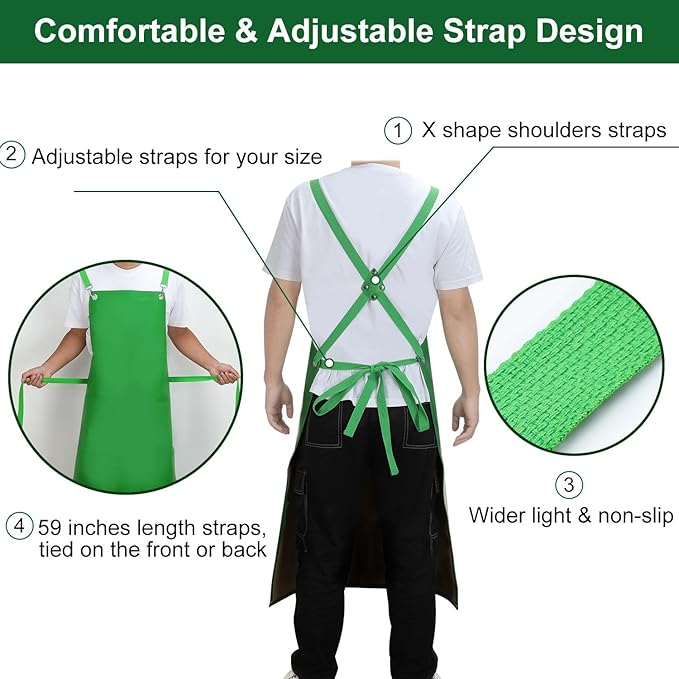 Waterproof Rubber Apron, 43" Anti-Tear Heavy Duty Vinyl Adjustable Thicker Cross Back Dishwasher Apron for Restaurant Dishwashing, Butcher, Lab Work, Dog Grooming Green