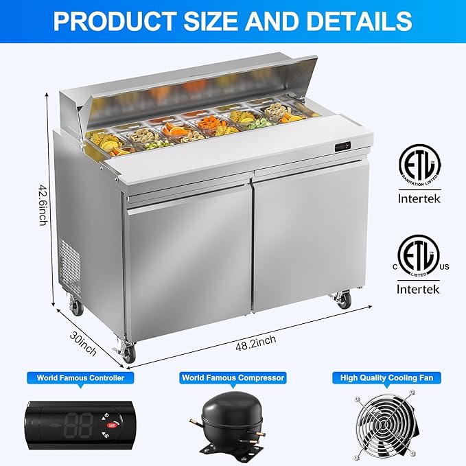 48" W Commercial Sandwich Prep Table Refrigerator, 13.8 Cu.ft Commercial Salad Bar with 12 Pans, Stainless Steel Refrigerated Sandwich Prep Table 2 Solid Door for Restaurant, Bar, Shop, etc.