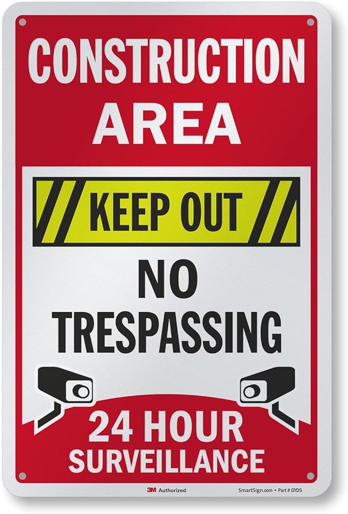 SmartSign 18 x 12 inch “Construction Area - Keep Out, No Trespassing, 24 Hour Surveillance” Metal Sign, 63 mil Aluminum, 3M Laminated Engineer Grade Reflective Material, Multicolor