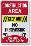 SmartSign 18 x 12 inch “Construction Area - Keep Out, No Trespassing, 24 Hour Surveillance” Metal Sign, 63 mil Aluminum, 3M Laminated Engineer Grade Reflective Material, Multicolor