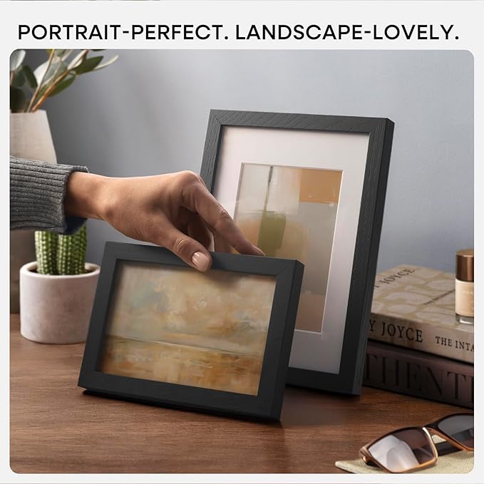 Homeforia A4 Picture Frame Black Wood, High-End Oak 8.3 x 11.7 Black Poster Frames Matted to 5.8 by 8.3 Photo, 8.3x11.7 Size Wooden Frame with Mat for 5.8x8.3 Print, Tempered Glass, Wall Kit, Set of 3