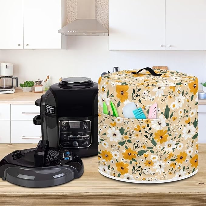 Kitchen Appliance Dust Cover for 6 Quart Pressure Cooker/Air Fryer/Rice Cooker Dust & Stains Protection Cover with Top Handle and Storage Pocket Yellow White Daisy Flowers
