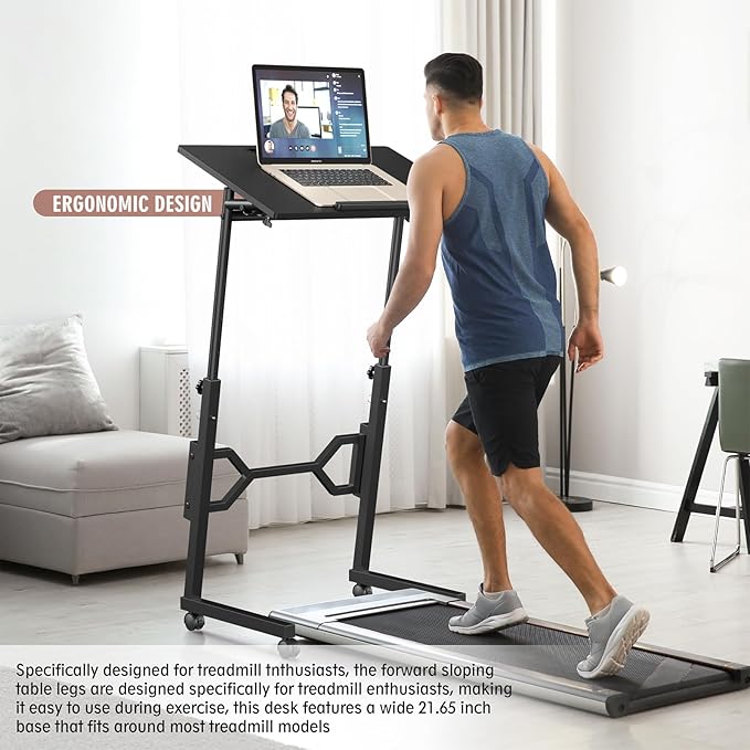 Small Standing Desk with Wheels, Portable Treadmill Desk, Rolling Desk Adjustable Height for Laptop, Mobile Standing Table for Walking Pad, Bedside Table