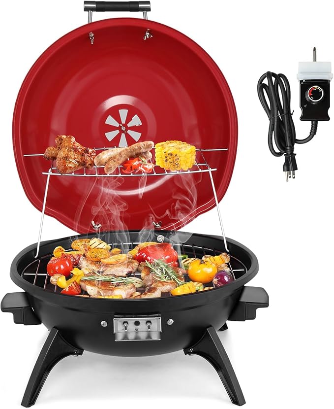 Outvita Indoor/Outdoor Electric Grill, 1600W Portable Removable Stand Grill with Double Layer Design for Countertops, BBQ, Patio & Backyard (Red)