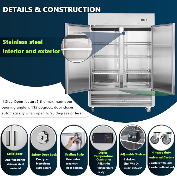 Commercial Freezer 54"W 2 Section 2 Solid Door Stainless Steel Interior and Exterior Construction