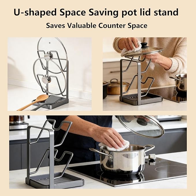 Kitchen Pot Lid Storage Rack, Pot Lid Holder with Tray, Lid Holder While Cooking, Multifunctional Kitchen Organizer Stand for Stove Top (Gray, Double-layer)