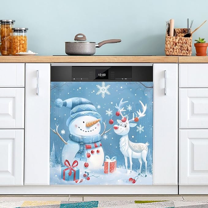 Christmas Snowman Elk Dishwasher Magnet Cover Panel Winter Blue Magnetic Dishwasher Covers Refrigerator Sticker Decal Xmas Decorative Washing Machine Cover for Home Kitchen,23x26in