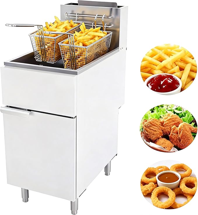 Commercial Deep Fryer, 4-Burner Fryer for Restaurants, Stainless Steel Gas Floor Fryer with 2 Baskets and Adjustable Temperature, Natural Gas Powered, 50 LBS Capacity, 400°F, 120000 BTU