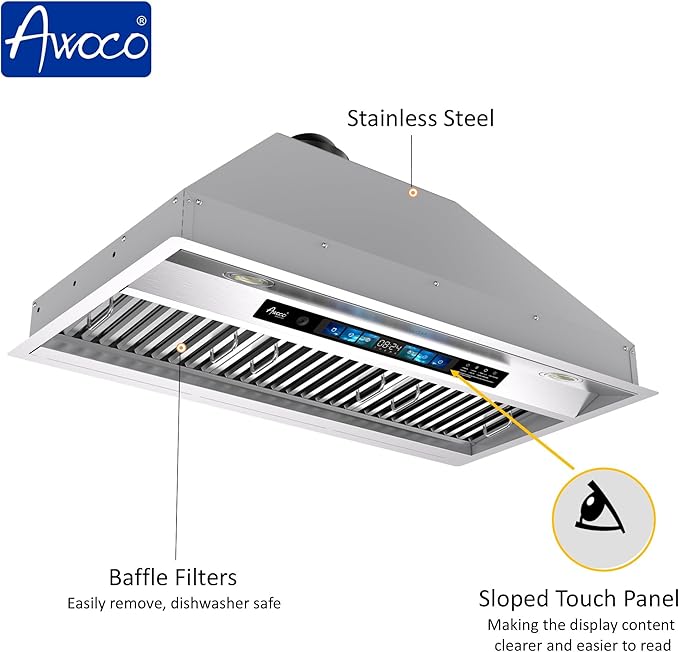 Awoco Range Hood Insert 36 Inch, Built-in Kitchen Hood with 800 CFM, Voice/Gesture/Touch Control, Stainless Steel Stove Hood with 4 Speed Exhaust Fan, Ducted, Ductless Convertible, Charcoal Filter