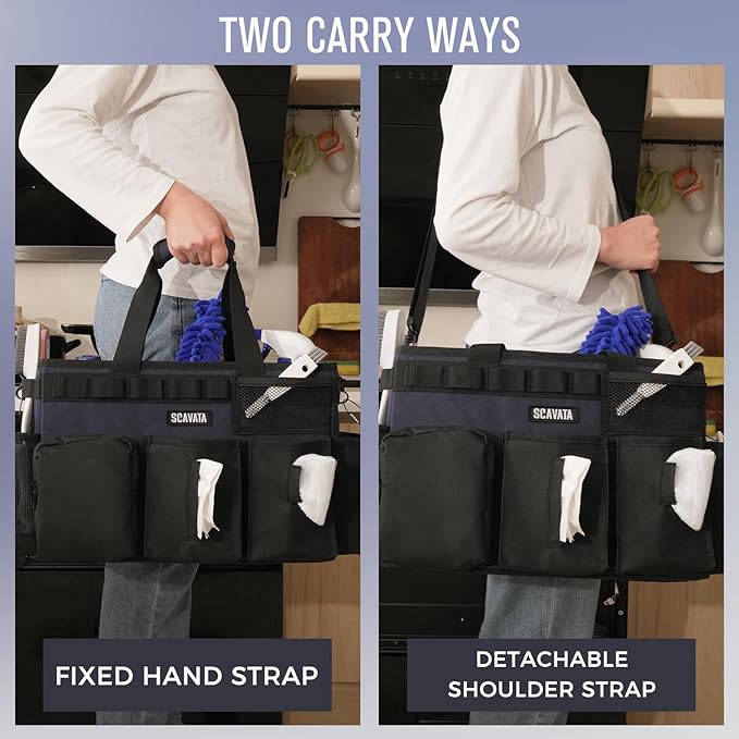 Wearable Cleaning Caddy Bag, Cleaning Caddy Supplies Organizer with Handle & Shoulder Straps for Housekeepers, Under Sink & Car Cleaning Tool Organizers with 4 Foldable Divider (DarkBlue)