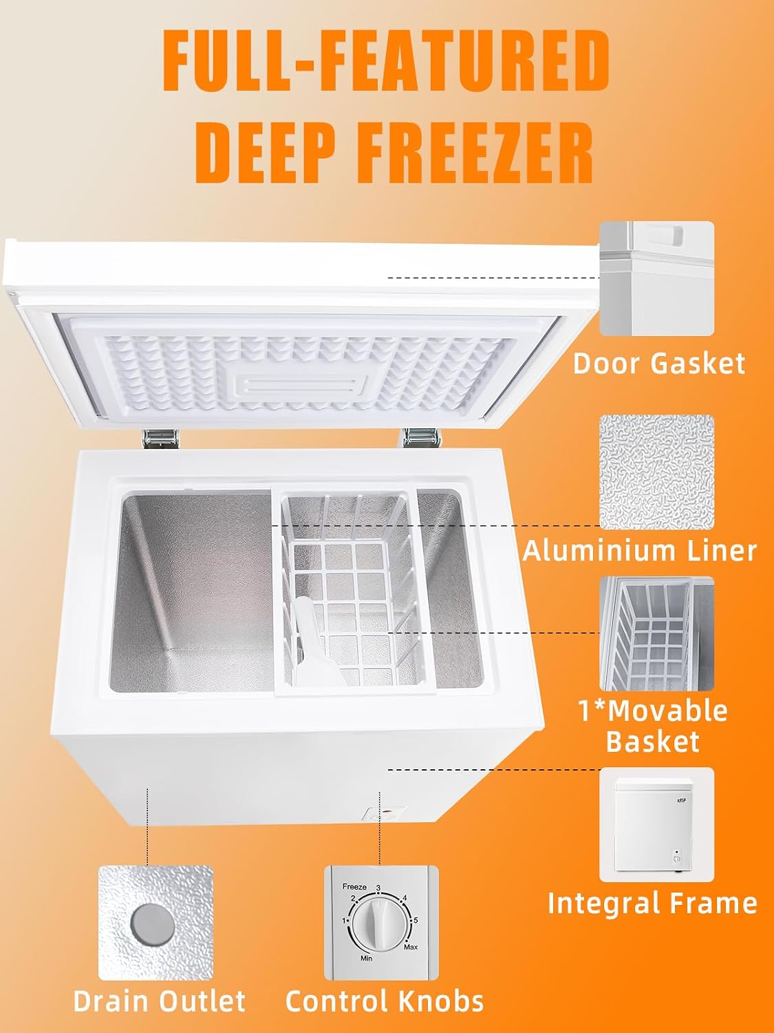 5.0 Cu.Ft Chest Freezer with a Removable Basket, Deep Freezer with 7 Gears Temperature Control (-16F to -48F), for House, Kitchen, Garage, Basement, Shop, White