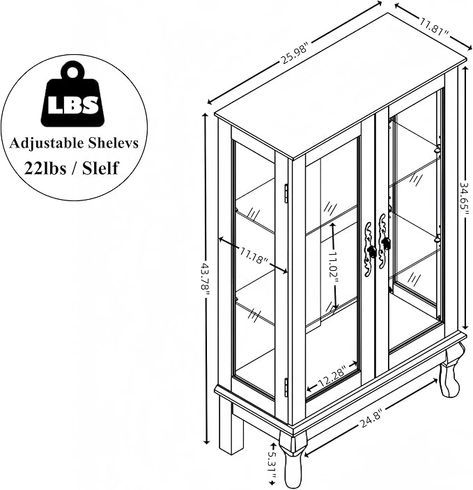 43" H Lighted Curio Cabinet Display Case, Glass Curio Cabinet with Adjustable Shelves and Tempered Glass Door, Wooden Cabinets w/Mirrored Back Pane for Living Room (Dark Cherry)