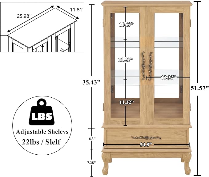 51" H Lighted Curio Cabinet Display Case, Glass Curio Cabinet with Adjustable Shelves,Tempered Glass Door and Drawer, Wooden Cabinets w/Mirrored Back Pane for Living Room (Light Oak)